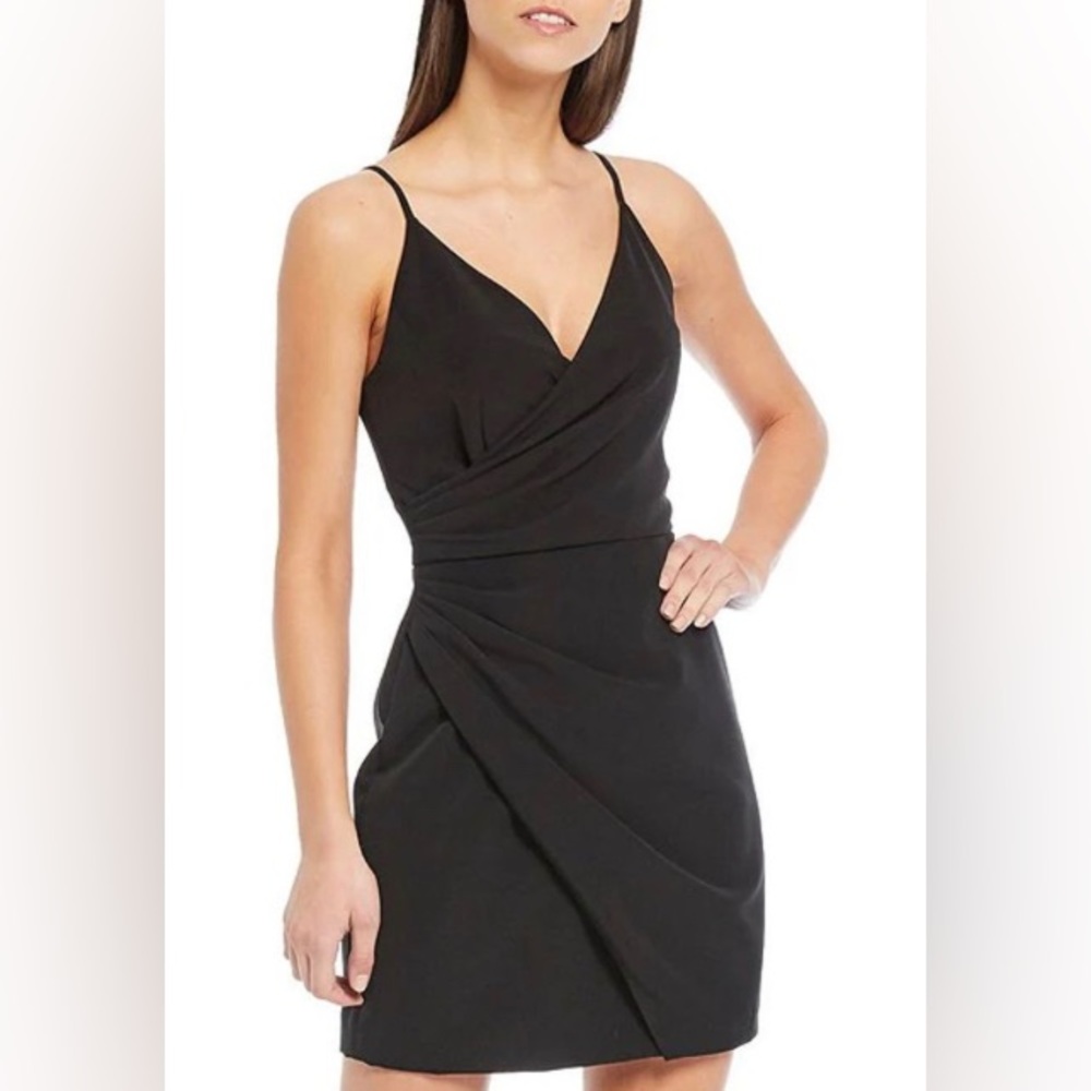 Size 4 Gianni Bini Black Natalie V-Neck Spaghetti Strap Crepe Faux Wrap Dress